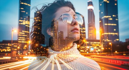 Cityscape and woman portrait blend at twilight showcasing urban life and creativity in a vibrant metropolis