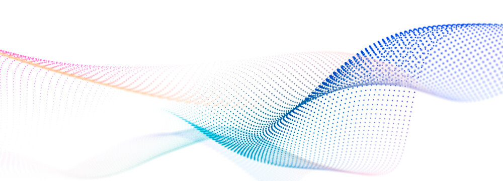 Colorful wave of streaming particles on a white background. Abstract background with dynamic elements of waves. 3d