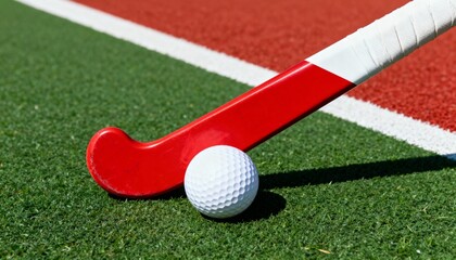 Red field hockey stick and ball on a green artificial turf pitch. Close-up of sports equipment for a game. Team sport and athletic competition concept