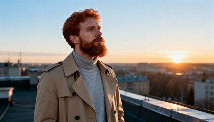 Stylish man with red hair and beard on a city rooftop at sunset. Thoughtful redhead looking towards the future with ambition
