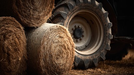 Close-Up of Hay Bales and Tractor Wheel in Warm Farm Setting