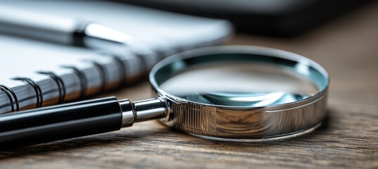Close-Up of Magnifying Glass with Pen and Notepad in Modern Office Workspace