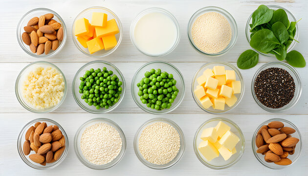 Various calcium rich foods arranged in bowls. Includes almonds, milk, cheese, peas, spinach, butter, and seeds. Good for healthy eating and nutrition