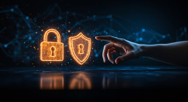 Cybersecurity shield and padlock icons glow with digital network connections, protecting data and privacy in a futuristic abstract concept.