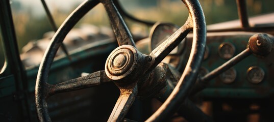 Close-Up of Vintage Tractor Steering Wheel and Dashboard with Tactile Realism