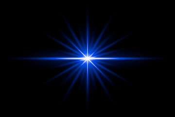 Intense Blue Lens Flare with Radiant Rays on Black Background