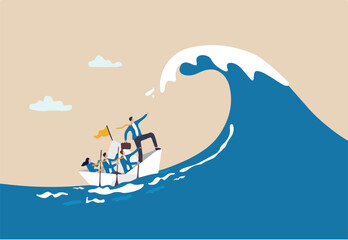 Courage and leadership to win business success, teamwork to help survive crisis, challenge or risk taker concept, businessman captain point finger to lead team sailing boat to survive big wave storm