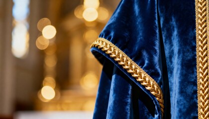 Royal blue velvet fabric with ornate gold trim detail. Luxurious and regal historical costume. Opulent background with golden bokeh