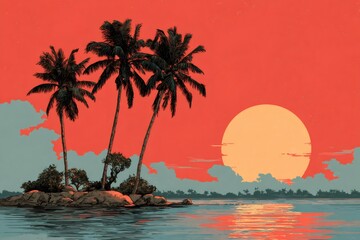 Tropical island palm trees at retro sunset illustration