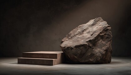 Rock Cliff Stone Podium: A Dynamic Display For Advertising Products In A Dark Studio Setting With Ample Free Space And Clipping Paths.