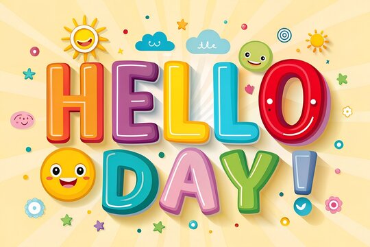 Bright and cheerful hello day message with fun characters and balloons