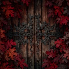 Moody Rustic Composition Featuring a Weathered Wooden Gate Encircled by Falling Red Oak Leaves and Rich Autumnal Texture in a Forest Setting red maple leaves