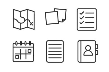 Paper Icon Collection. Line style icons of Paper-Based Replacements: printed map, sticky notes, paper checklist, spiral-bound