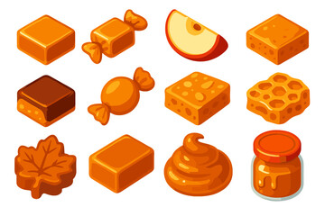 Sweet Treat Icons. Isometric vector illustration set sweet treats collection: caramel square, salted caramel candy, caramel apple
