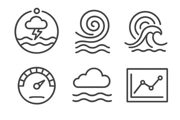 Weather Impact Icons. Line style icons of Weather Impact Icons at Depth: surface storm marker, underwater current swirl, wave