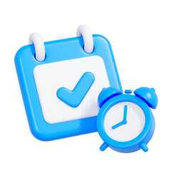 3D blue calendar with check mark and alarm clock symbolizing planning, reminders, and time management