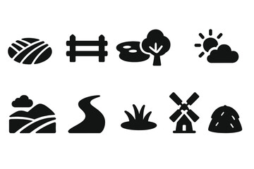 Obraz premium Farm Icons Collection. Solid style icons of Outdoor farm environment: field, fence, pond, tree, sun, cloud, hill, dirt path, grass