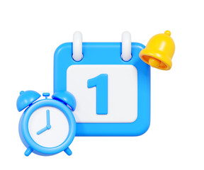 3D render of blue calendar with number one, alarm clock, and yellow bell symbolizing reminder and schedule