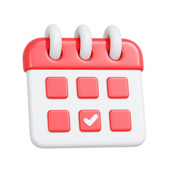 Red 3D calendar icon with check mark showing completed task, reminder or scheduled event