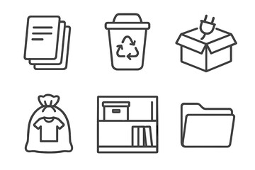 Decluttering Line Icons. Line style icons of Decluttering for Detox: paper stack, recycling bin, unplug box icon, clothing donate