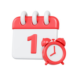 3D illustration of a red calendar with number one and an alarm clock icon