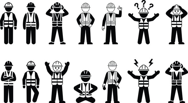 Construction workers stick figures displaying diverse emotions
