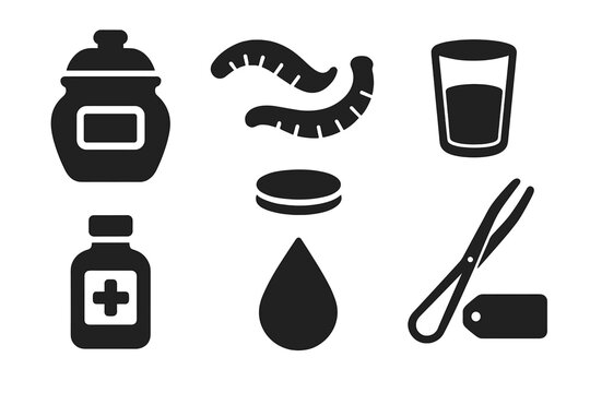 Historical Bloodletting Icons. Solid style icons of Historical Bloodletting Tools: Leech Jar, Leeches, Glass, Medicine, Lid,
