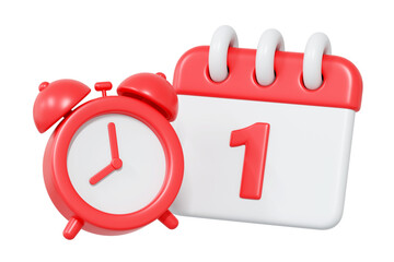 3D illustration of a red alarm clock next to a calendar showing the number one, symbolizing reminders, deadlines, planning, or important dates