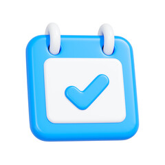 Blue 3D calendar icon with a check mark symbol, isolated on white background