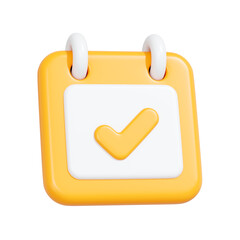 Yellow 3D calendar with check mark icon symbolizing completed task or approved event