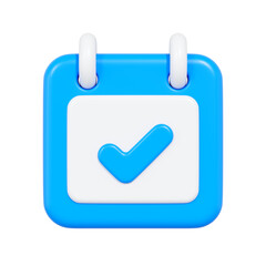 Blue 3D calendar with check mark icon symbolizing completed task or event reminder