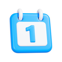 3D illustration of a blue calendar icon showing the number one. Perfect for representing start dates, deadlines, first day events, and scheduling reminders
