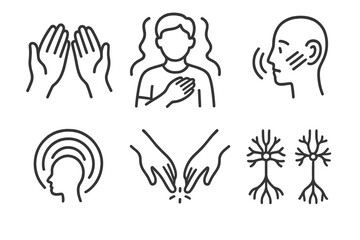 Fototapeta premium Mirror-Touch Synesthesia Icons. Line style icons of Mirror-Touch Synesthesia: hand reflecting another hand, person touching with