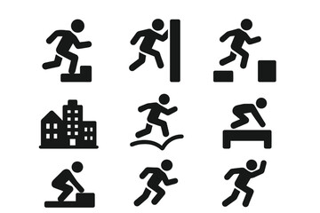 Naklejka premium Urban Parkour Icons. Solid style icons of Urban Obstacle Navigation: Parkour, Wall Run, Precision Jump, Urban Environment, Flow,