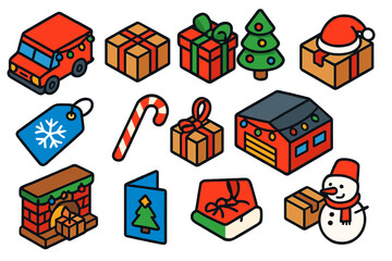 Naklejka premium Festive Holiday Delivery Icons. Isometric vector illustration set delivery and shipping: holiday delivery van, package wrapped