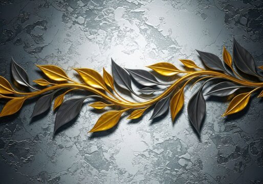 Golden laurel branch with silver and gold leaves on a textured gray background