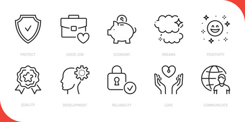 Fototapeta premium Core values line icon set. Protect, good job, economy, dreams, positivity, quality, development, reliability, love, communicate sign, symbol. Vector illustration. Editable stroke.
