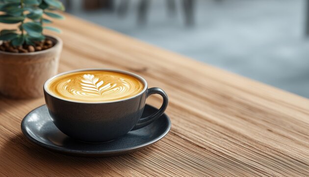 Inviting Fresh Cup Of Coffee With Latte Art Waiting On Wooden Table In Cozy Cafe Setting, Ready To Be Enjoyed.