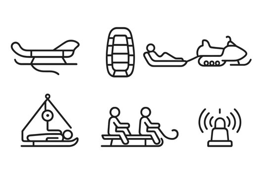 Emergency Transport Icons. Line style icons of Emergency Transport: rescue sled, ice stretcher, snowmobile carrier, rope pully