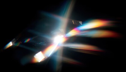 Colorful Rainbow Crystal Light Leaks On Black Background: Abstract Retro Film Lens Flare Bokeh Overlay With Vintage Prism Glow.