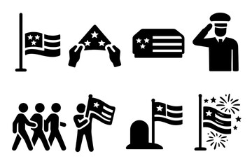 Ceremonial Flag Icons. Solid style icons of ceremonial flag use: Half-Mast Position, Folding Ceremony, Flag Draping, Guard Salute,