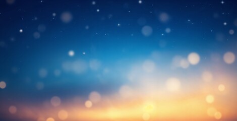 Abstract background of a starry night sky with golden bokeh lights. Blue and gold gradient with a sparkling effect. Holiday celebration concept