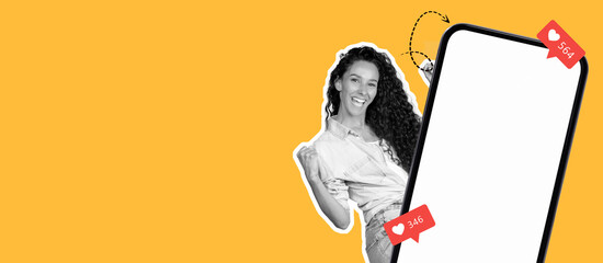 A collection showcases a cheerful woman posing with an oversized smartphone, highlighting social media engagement. The joyful expression and vibrant colors create a lively atmosphere.