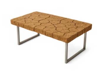 Coffee table having a top surface resembling cracked dry earth, symbolizing drought and climate change on a transparent background