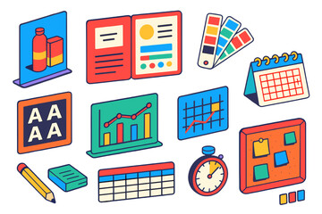 Design Tools Collection. Isometric vector illustration set branding and planning: packaging mockup board, brand style kit, color