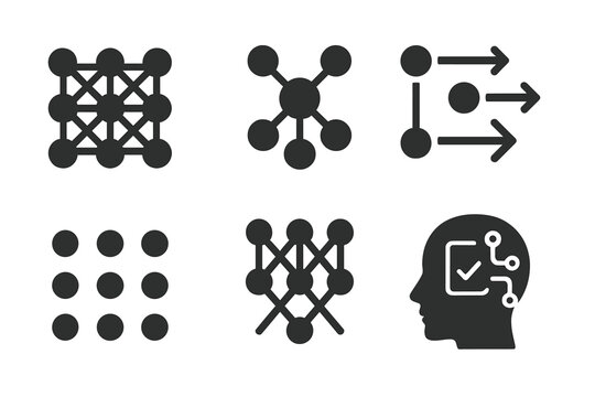 Pattern Recognition Components. Solid style icons of pattern recognition components: Neural Network Grid, Data Cluster Nodes,