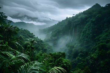 High‑Resolution Scenic View of a Lush Green River Meandering Through a Rain‑Soaked Tropical Rainforest Valley Under Overcast Skies waterfall in the mountains