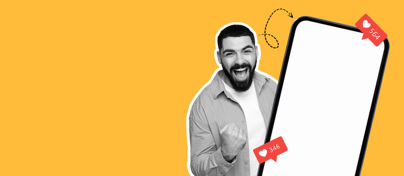 A joyful man expresses excitement while interacting with a phone. The background features a bright color, highlighting his enthusiasm for social media likes and interactions.