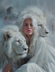 Ethereal woman with flowing white hair surrounded by majestic white lions, embodying strength and grace in a dreamlike atmosphere