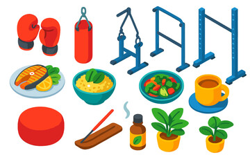 Healthy Lifestyle Icons. Isometric vector illustration set Healthy Lifestyle: boxing gloves, punching bag, chin-up bar, squat rack